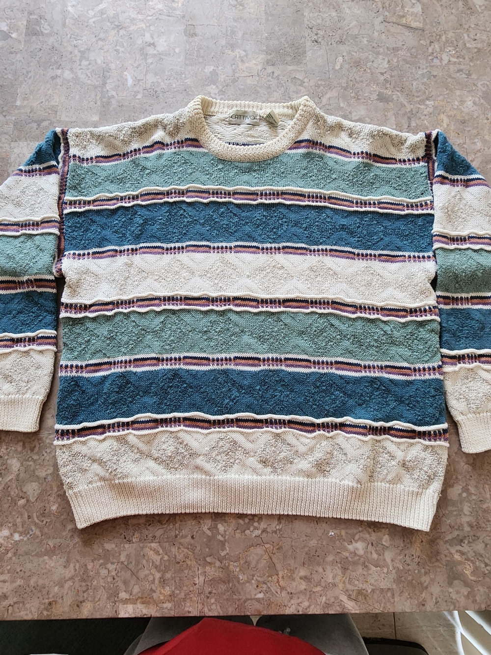 VTG 90s 3D Raised Knit Men's Crewneck Striped Knit Sweater Coogi Style